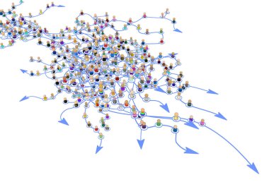 Kalabalık küçük sembolik 3d şekiller çizgiler, oklar, karmaşık katmanlı sistem tarafından beyaz üzerinde yatay, bağlantılı izole