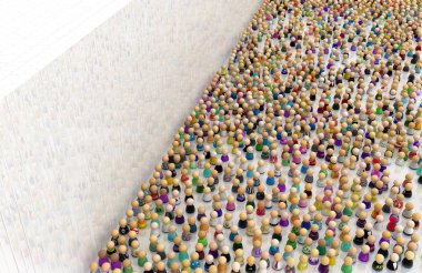 Kalabalık küçük sembolik figürler, beyaz duvar yansıması, 3d resim, yatay arka plan