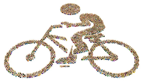 Multitud Pequeñas Figuras Simbólicas Formando Forma Persona Grande Bicicleta Ilustración —  Fotos de Stock
