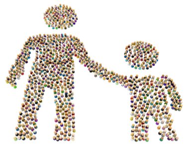 Crowd of small symbolic figures forming big person shape parent and child, 3d illustration, horizontal, isolated, over white clipart