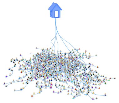 Kalabalık küçük sembolik 3d şekiller çizgiler, karmaşık katmanlı sistem ana sayfa, beyaz, yatay, bağlantılı izole