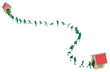 Doları para sembol çizgi film karakterleri, evler arasında çalışan 3d illüstrasyon, yatay, izole, üzerinde beyaz