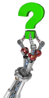 Üç parmak, holding yeşil soru işareti simgesi, 3d çizim, beyaz üzerinde dikey, robot kol izole