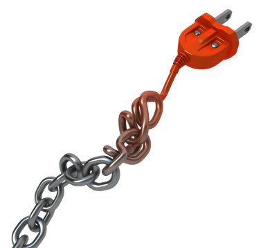 Zinciri dönüşüm dönüşmesini elektrik güç kablosunu takın, koyu gri metal ve turuncu plastik 3d çizim, izole, yatay, beyaz üzerine
