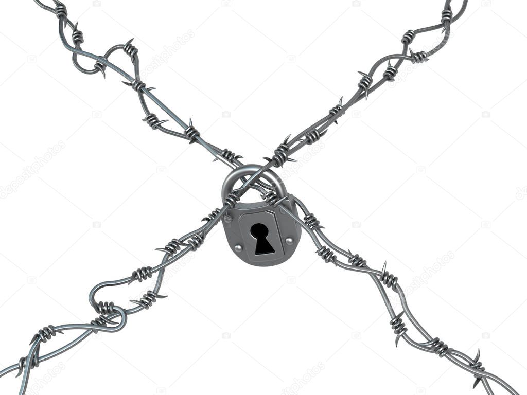 Barbed wire crossed padlock grey metal 3d illustration, isolated, horizontal, over white