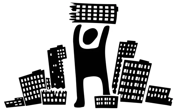 Città Distruggendo Figura Stencil Nero Illustrazione Vettoriale Orizzontale Bianco Isolato — Vettoriale Stock