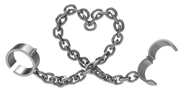 Zincir Zincir kalp şekli gri beyaz üzerinde 3d çizim, izole, yatay, metal