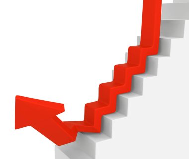 Kırmızı sembolik ok merdiven aşağı doğru sapmak, 3d resim, yatay, beyaz izole