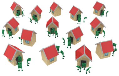 Doları para sembol çizgi film karakterleri evleri, 3d resim, yatay, izole, üzerinde beyaz