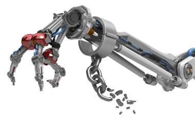 Robotik kol üç parmak, zincir sonu, 3d çizim, beyaz üzerinde yatay ile izole