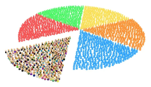 Kalabalık oluşturan pasta grafiği dilim şekli, 3d resim, yatay, izole, üzerine beyaz küçük sembolik rakamlar