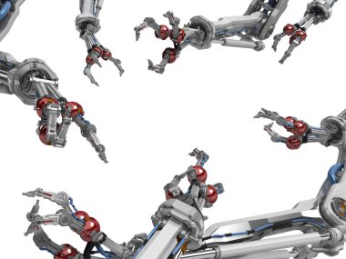 Birçok çevreleyen, üç parmaklı robotik kol beyaz üzerinde yatay 3d illüstrasyon izole