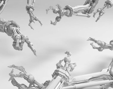 Üç parmak beyaz, birçok çevreleyen, 3d resim, yatay arka plan ile robot kol