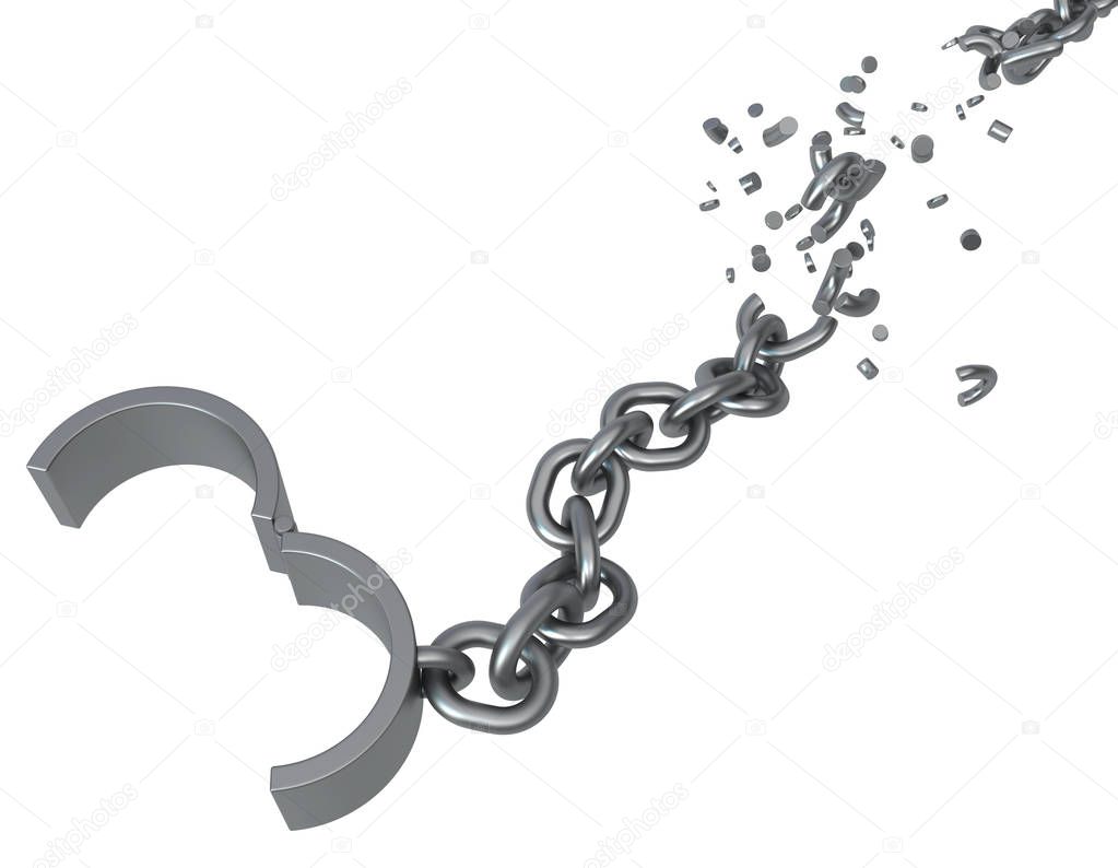 Shackles chain long reach breaking, grey metal 3d illustration, isolated, horizontal, over white
