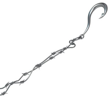 Dikenli tel kanca, gri beyaz üzerinde 3d çizim, izole, yatay, metal