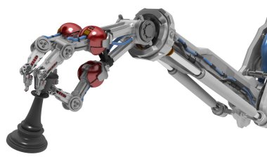 Robotik kol satranç taşını, 3d resim, yatay, beyaz üzerinde tutarak üç parmak ile izole