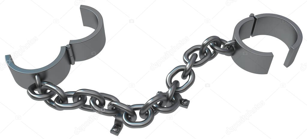 Shackles chain bolted down grey metal 3d illustration, isolated, horizontal, over white