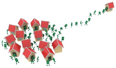 Doları para sembol çizgi film karakterleri ev komşuları kadar 3d illüstrasyon, yatay, izole, üzerinde beyaz