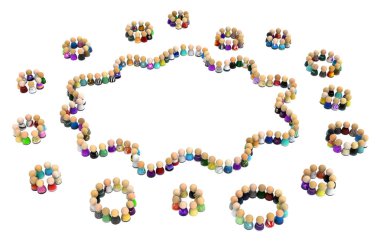 Kalabalık oluşturan bulut köpük şekil, 3d resim, yatay, izole, üzerine beyaz küçük sembolik rakamlar