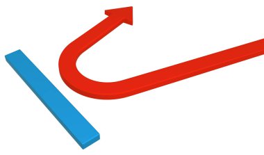 Kırmızı sembolik ok mavi bariyer saptırmak, 3d resim, yatay, beyaz, yalıtılmış