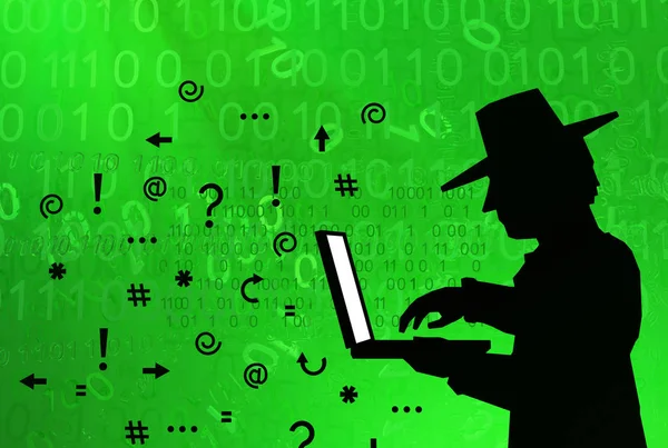 Spy Skugga Siffror Laptop Data Skicka Green Cyberrymden Virtuell Verklighet — Stockfoto