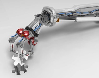 Robotik kol bulmaca parçası dışarı, 3d resim, beyaz üzerinde yatay, alarak üç parmaklı