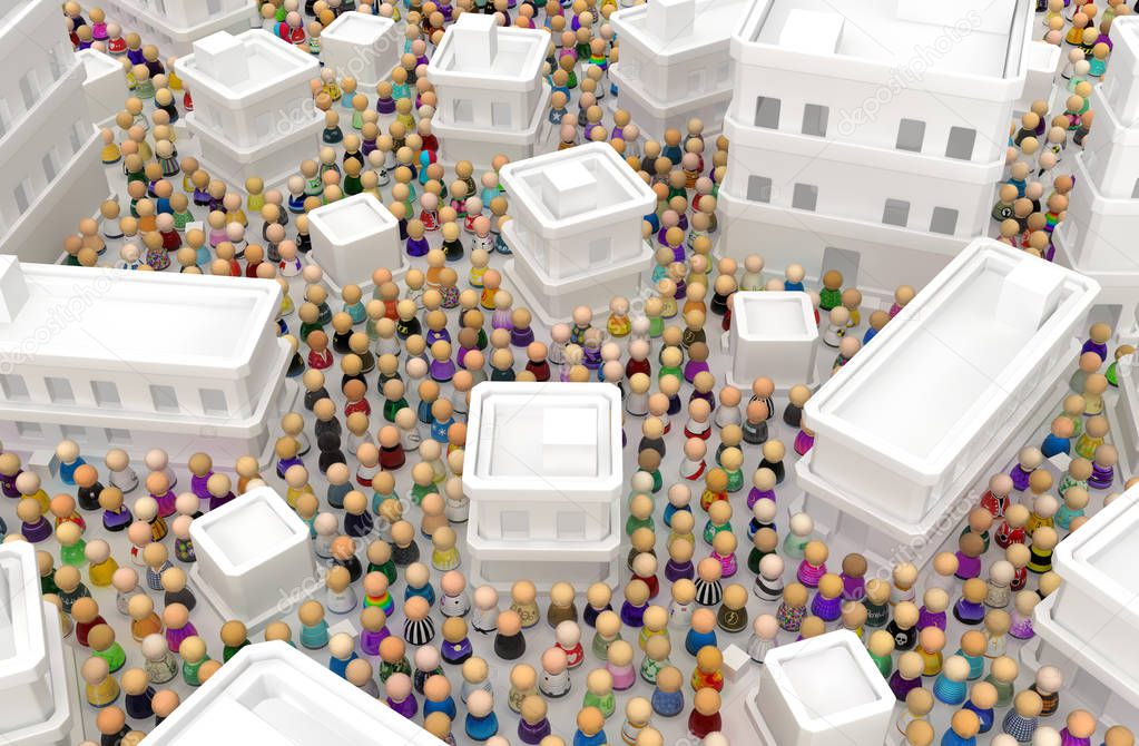 Crowd of small symbolic figures, white buildings town population, 3d illustration, horizontal background