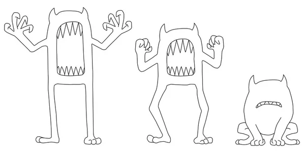 Monster Schrikken Gegrom Poses Vector Horizontale Lijn Tekening Witte Geïsoleerd — Stockvector