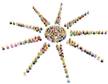 Kalabalık küçük sembolik figürler, Güneş ışınları, 3d resim, yatay arka plan üzerinde beyaz, izole