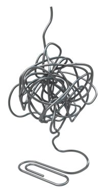 Metal ataç bükülmüş izole dolaştırmak büro malzemeleri, 3d resim, dikey, beyaz bitti, izole