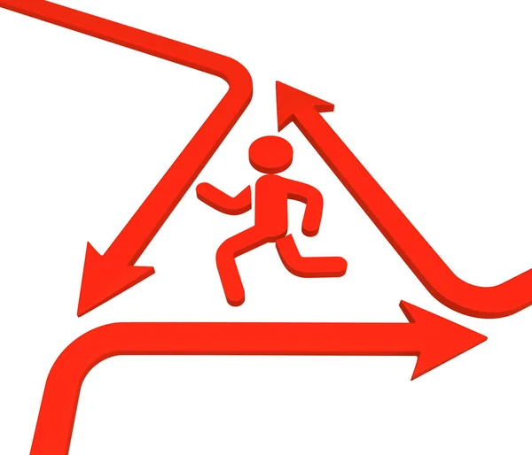 Red Symbolic Running Figure Arrow Bend Cycle Triangle Warning Sign — Stock Photo, Image