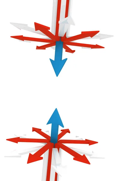 Blå Symboliska Pil Centrala Direkt Dubbel Illustration Vertikal Över Vita — Stockfoto