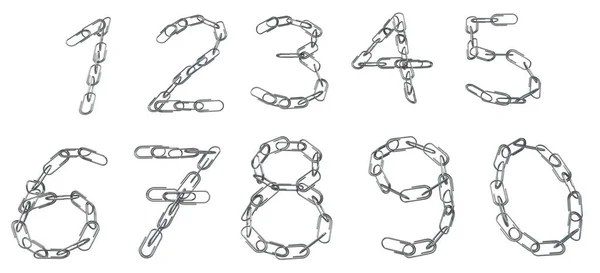 Metalen Paperclip Keten Nummers Kantoorbenodigdheden Geïsoleerd Illustratie Horizontaal Boven Wit — Stockfoto