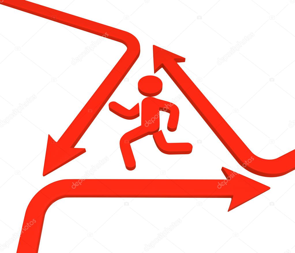 Red symbolic running figure arrow bend cycle triangle warning sign, 3d illustration, horizontal, over white, isolated