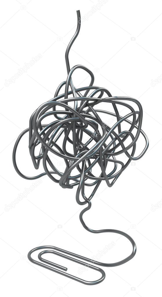 Metal paperclip bent tangle office supplies isolated, 3d illustration, vertical, over white, isolated