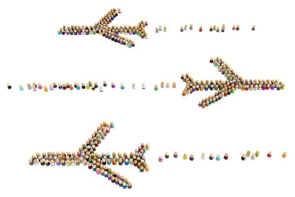 Tłum Małe Symboliczne Figury Tworząc Kształt Samoloty Ilustracja Ponad Poziomy — Zdjęcie stockowe