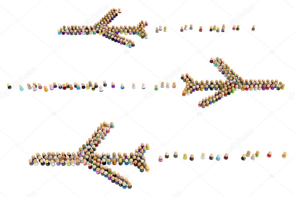 Crowd of small symbolic figures forming airplanes shape, 3d illustration, horizontal, isolated, over white