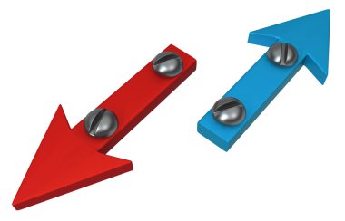 Cıvatalı kırmızı sembolik ok beyaz üzerinde yatay 3d illüstrasyon izole