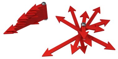 Kırmızı sembolik ok açılmak soyut, beyaz üzerinde yatay 3d illüstrasyon izole