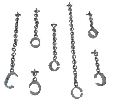 Zincir zincir asılı set gri beyaz üzerinde 3d çizim, izole, yatay, metal