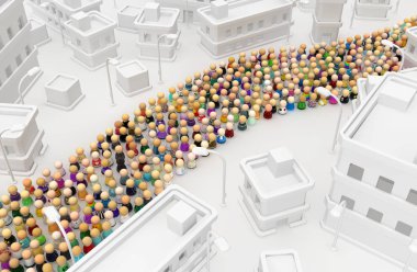 Kalabalık küçük sembolik figürler, beyaz binalar kent road, 3d resim, yatay arka plan