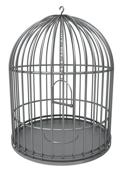 Gaiola Pássaro Vazio Metal Cinzento Ilustração Isolado Vertical Sobre Branco — Fotografia de Stock
