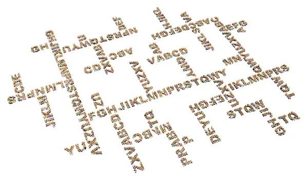 Multidão Pequenas Figuras Simbólicas Letras Texto Formas Palavras Cruzadas Ilustração — Fotografia de Stock