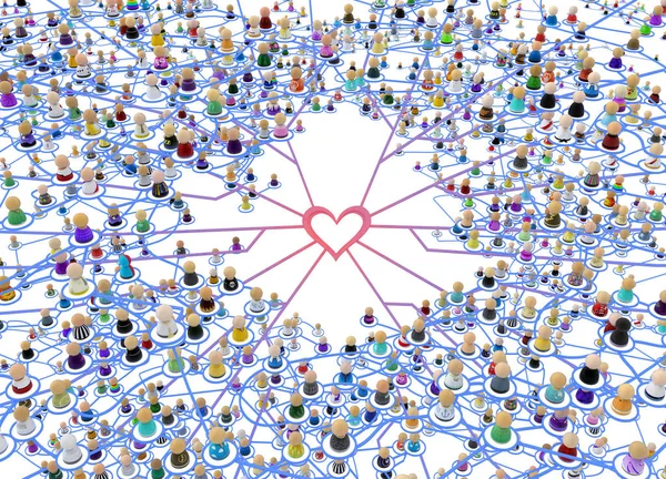 Multidão Pequenas Figuras Simbólicas Ligadas Por Linhas Complexo Núcleo Coração — Fotografia de Stock