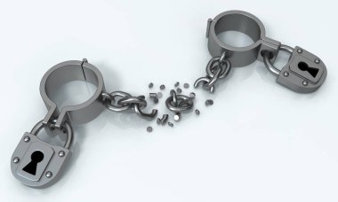 Kapalı pranga zinciri, kırık gri metal 3d çizim, izole, yatay, yalıtılmış