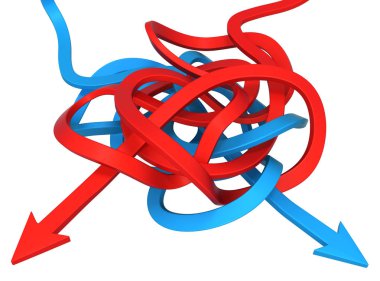 Karışık kırmızı ve mavi sembolik okları yatay beyaz üzerinde 3d illüstrasyon izole