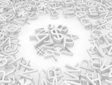 Alfabe harfleri ve sembolleri karıştırın beyaz merkezi grubu, 3d resim, yatay arka plan