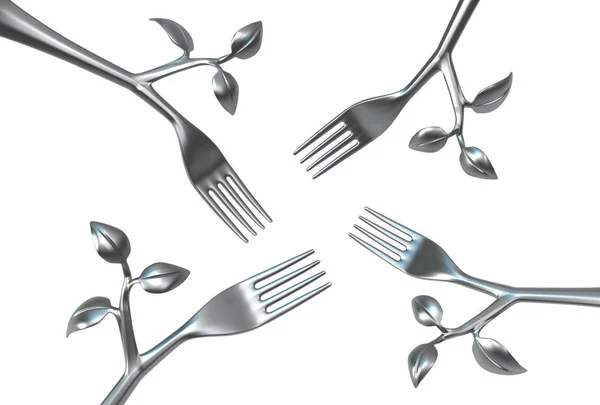 Forks Fém Oldalsó Leveles Növekvő Inda Illusztráció Vízszintes Elszigetelt Felett — Stock Fotó