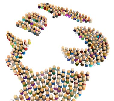 Küçük sembolik rakamlar yeme hamburger, 3d resim, yatay, izole, üzerine beyaz büyük insan şekli oluşturan kalabalık