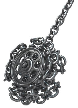Zincir tekerlek yoyo, koyu gri beyaz üzerinde 3d çizim, izole, yatay, metal